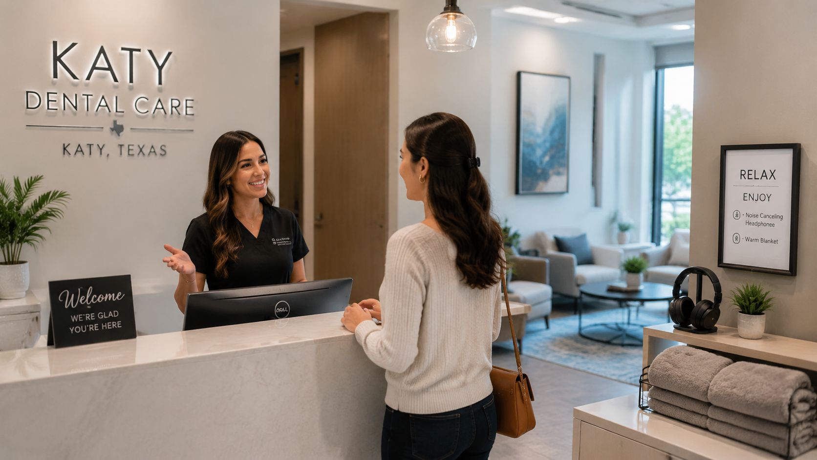 A friendly receptionist greets a patient at the front desk of a modern dental office in Katy.