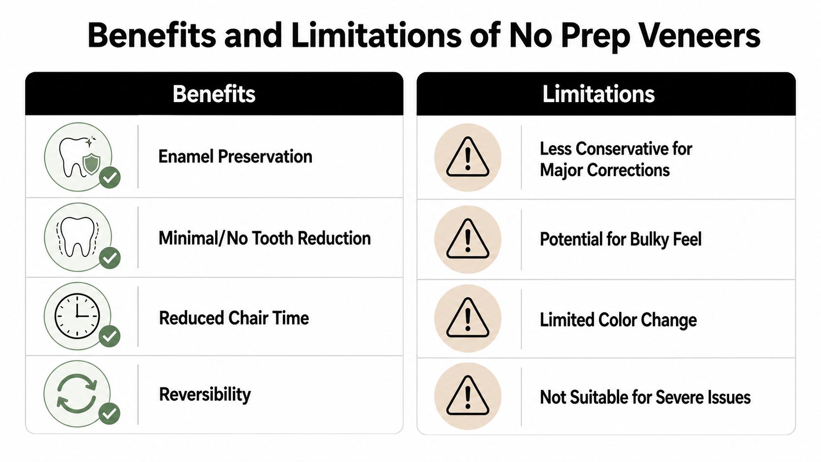 A comparison chart outlining the primary benefits and limitations of using no prep dental veneers.