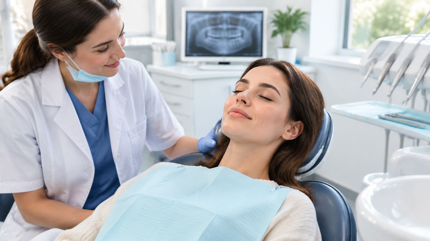 A friendly female dentist gently placing her hand on the shoulder of a calm patient in a chair.