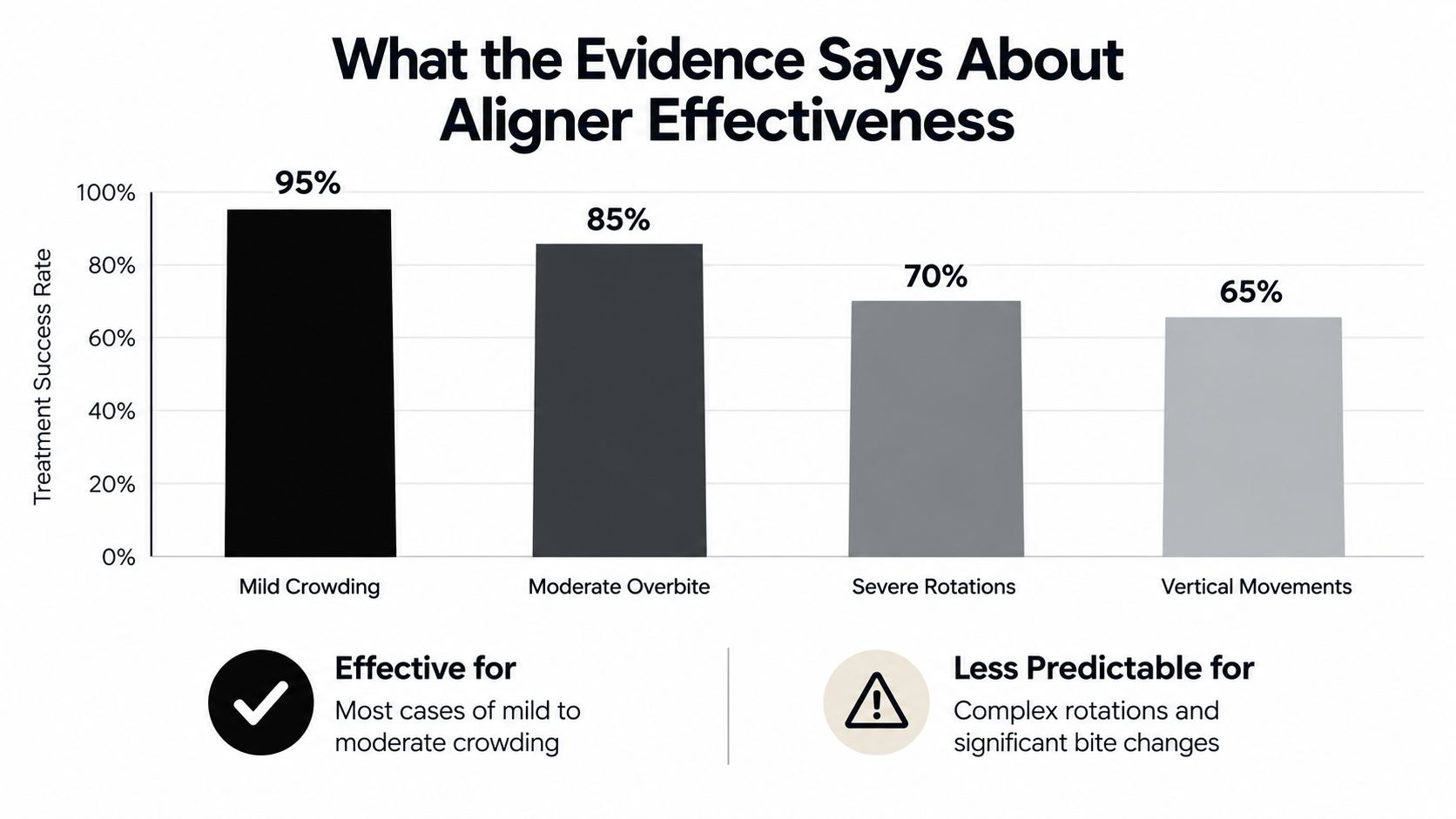 A bar chart showing varying treatment success rates for clear aligners based on different dental conditions.