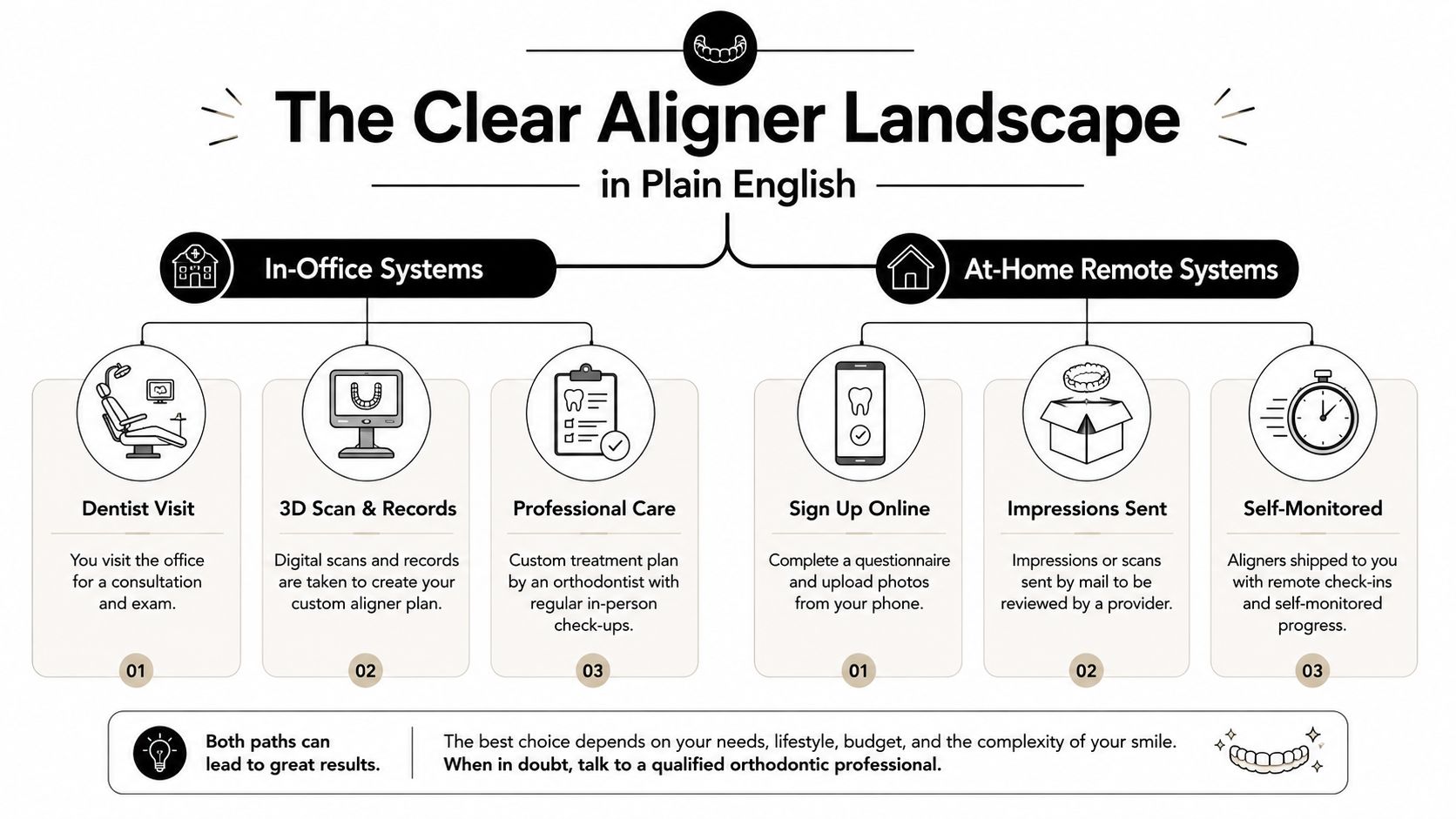 A diagram comparing the steps and processes of in-office versus at-home clear aligner treatment systems.