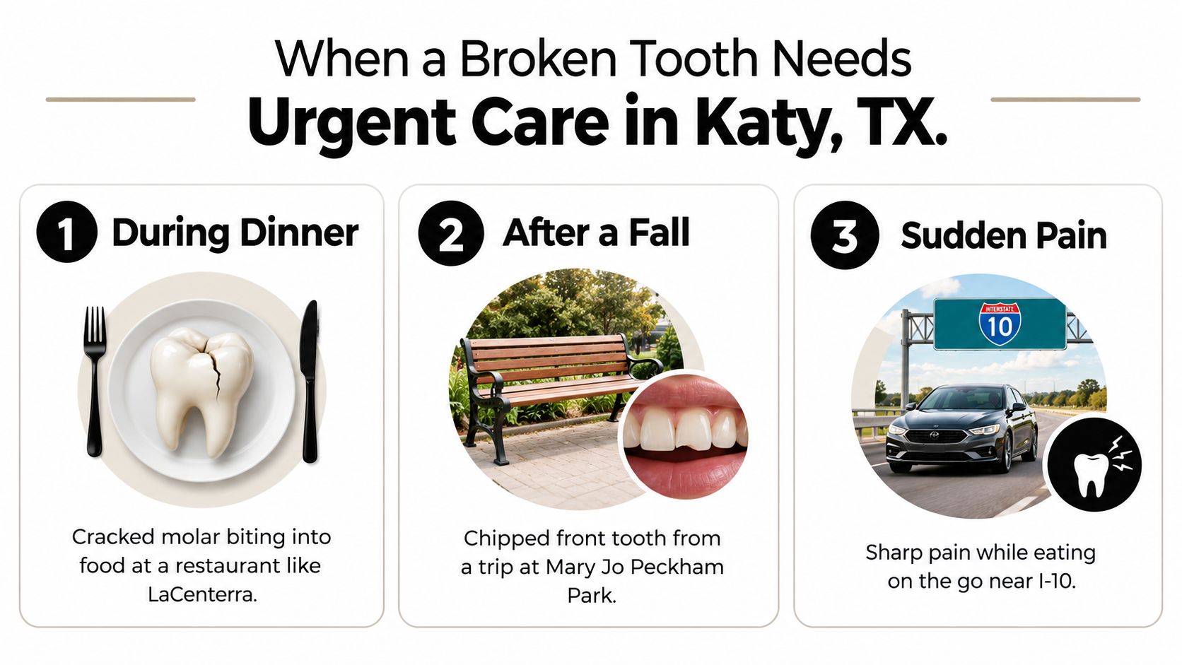 A graphic depicting common scenarios for a broken tooth emergency requiring urgent dental care in Katy, Texas.