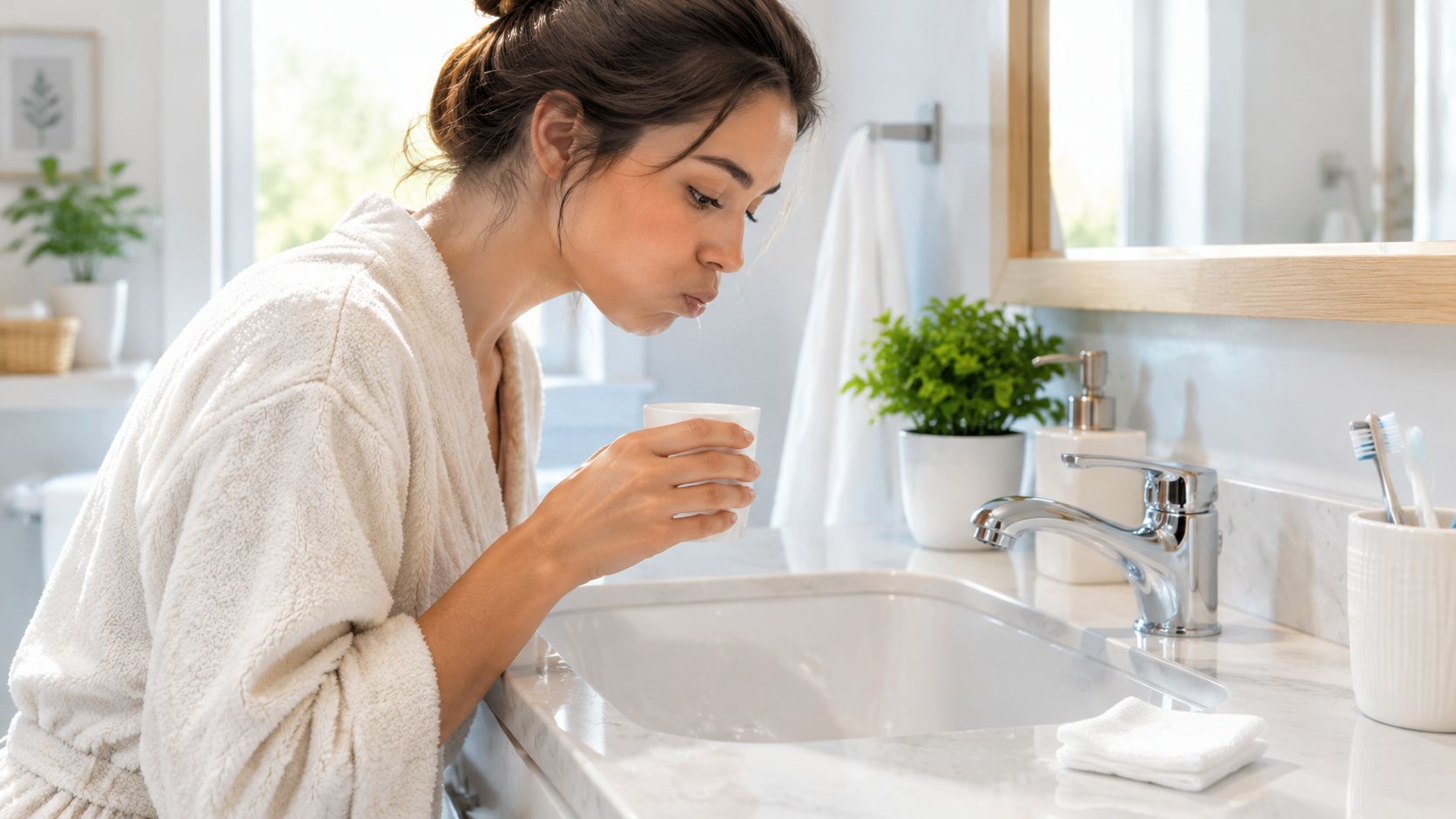 A young woman in a bathrobe rinsing her mouth with water in a bright modern bathroom.