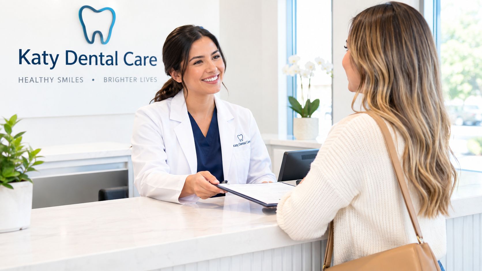 A friendly dental receptionist smiling while handing a clipboard to a patient at the front desk.