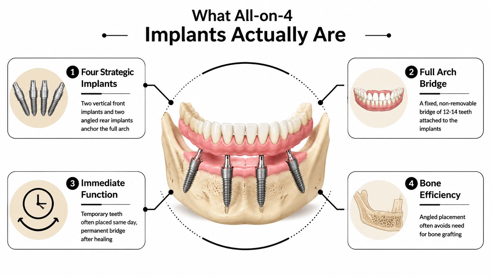 A dental infographic explaining the All-on-4 implant procedure featuring four implants and a full arch bridge.