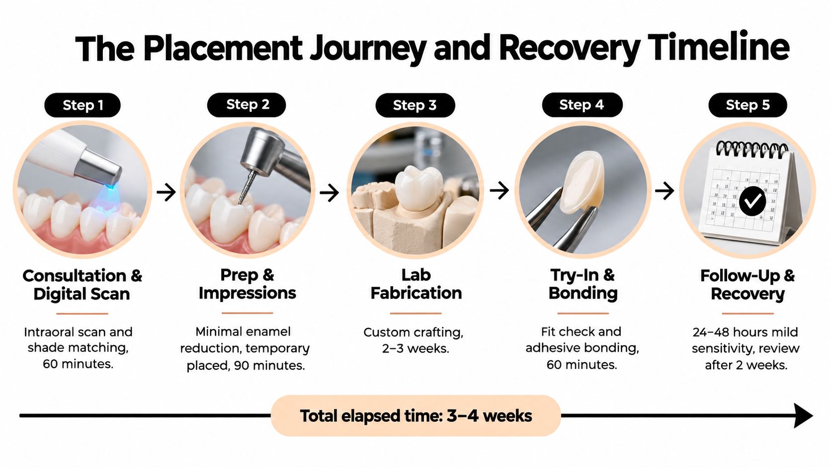 A step-by-step visual timeline for the dental procedure process from digital scan to final recovery.