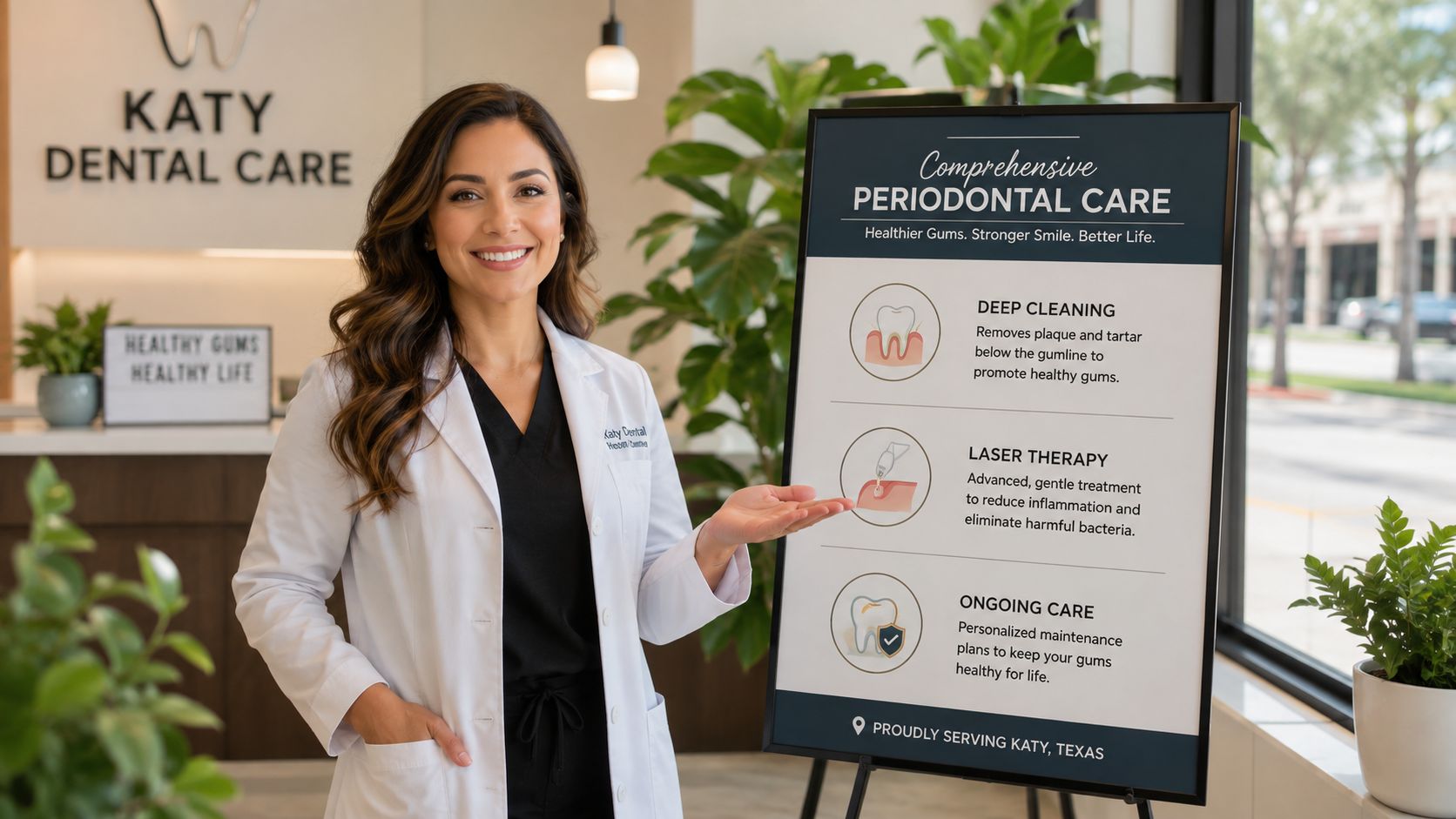 A friendly female dentist in a white coat stands next to a sign about periodontal gum care.