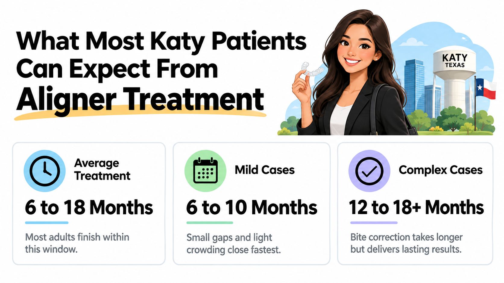 A dental infographic detailing the expected treatment time for aligners in Katy, Texas, for different cases.