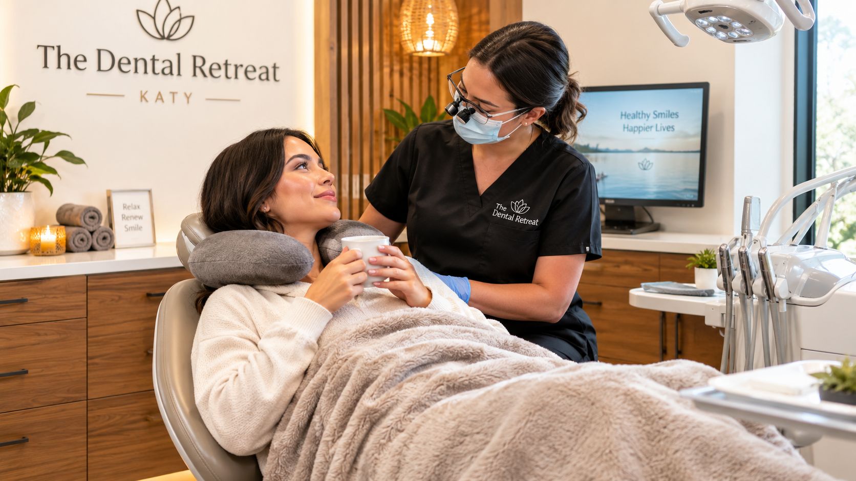 A dental professional consults with a relaxed patient holding a cup in a comfortable dental clinic.