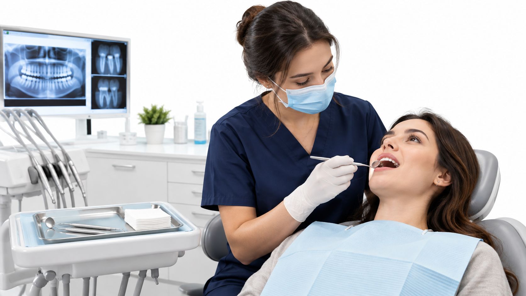 A professional dentist in scrubs performing a routine oral examination on a patient in a dental clinic.