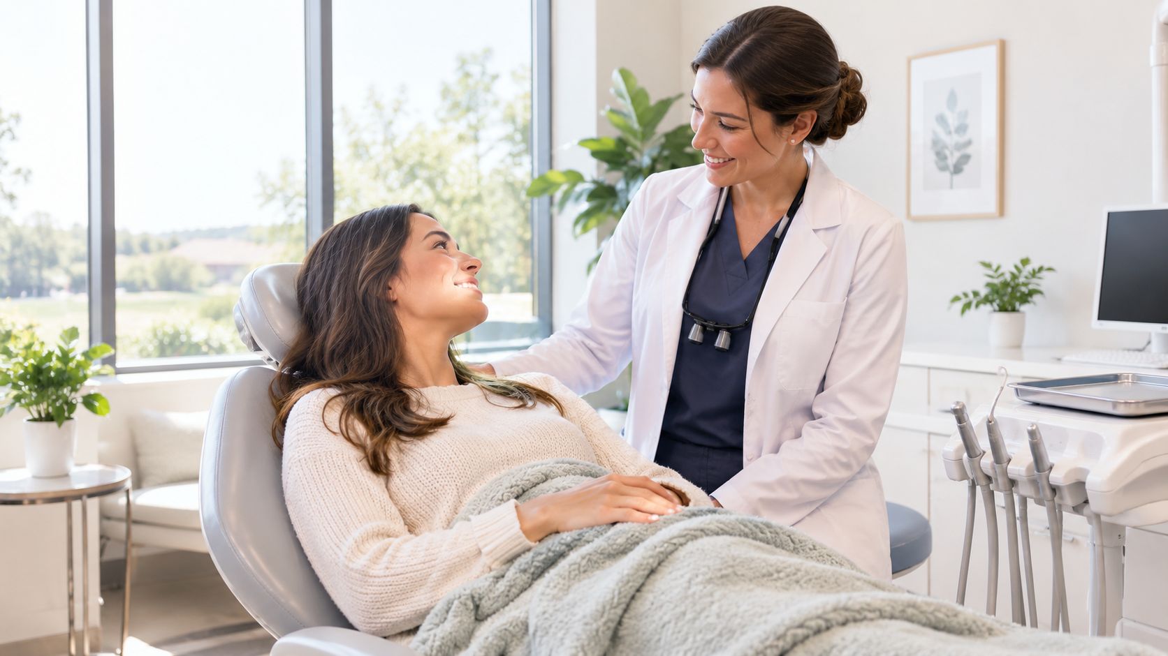 A friendly dentist talking to a patient relaxing in a chair before sedation dentistry.