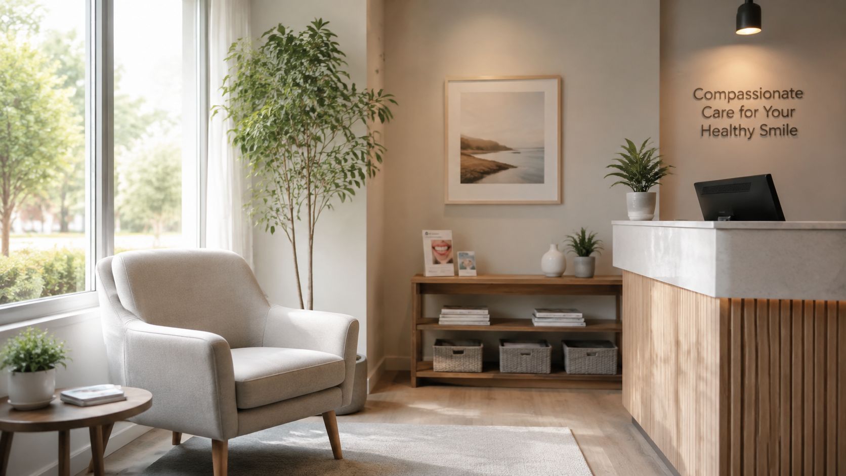 A modern and calm dental office reception area with comfortable seating, natural plants, and warm lighting.