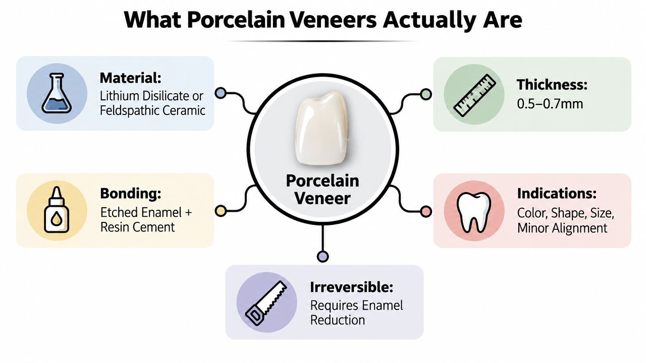 An infographic titled What Porcelain Veneers Actually Are, detailing materials, thickness, bonding, indications, and the irreversible nature of veneers.
