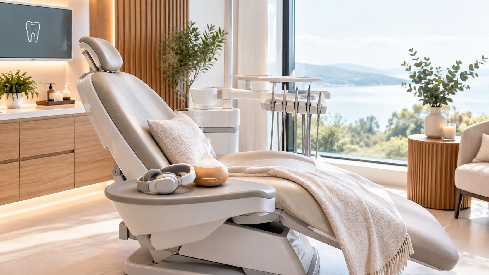 A modern and tranquil dental office featuring a comfortable exam chair, minimalist decor, and a beautiful waterfront view.