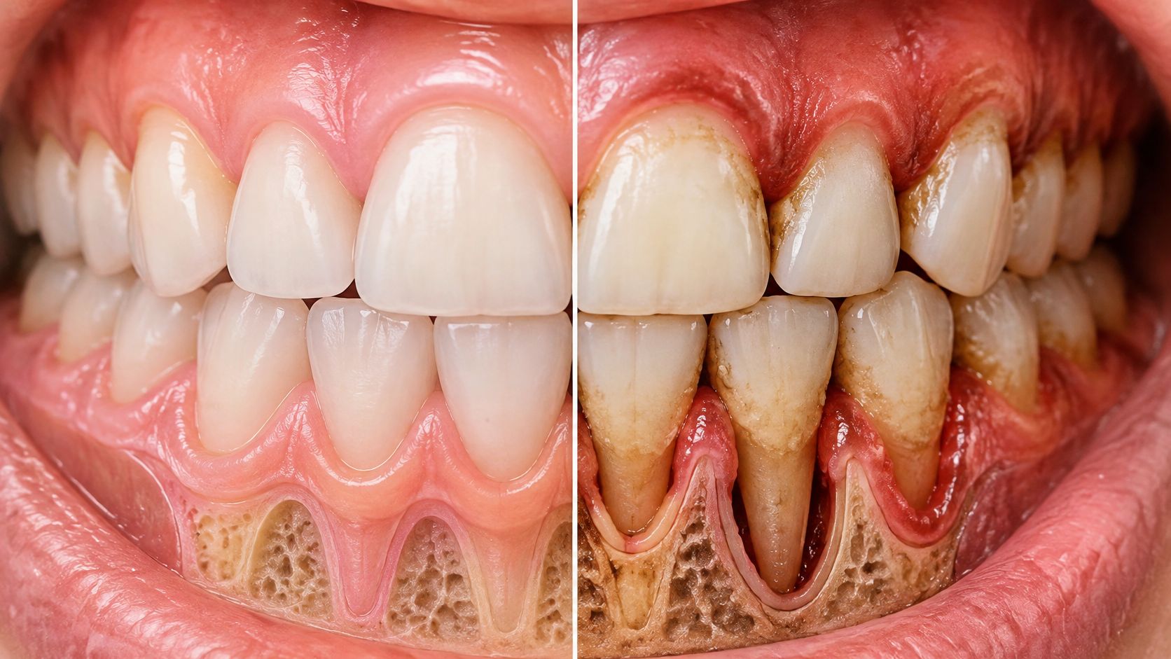 A split image showing healthy gums versus advanced gum disease with tooth discoloration and bone loss.