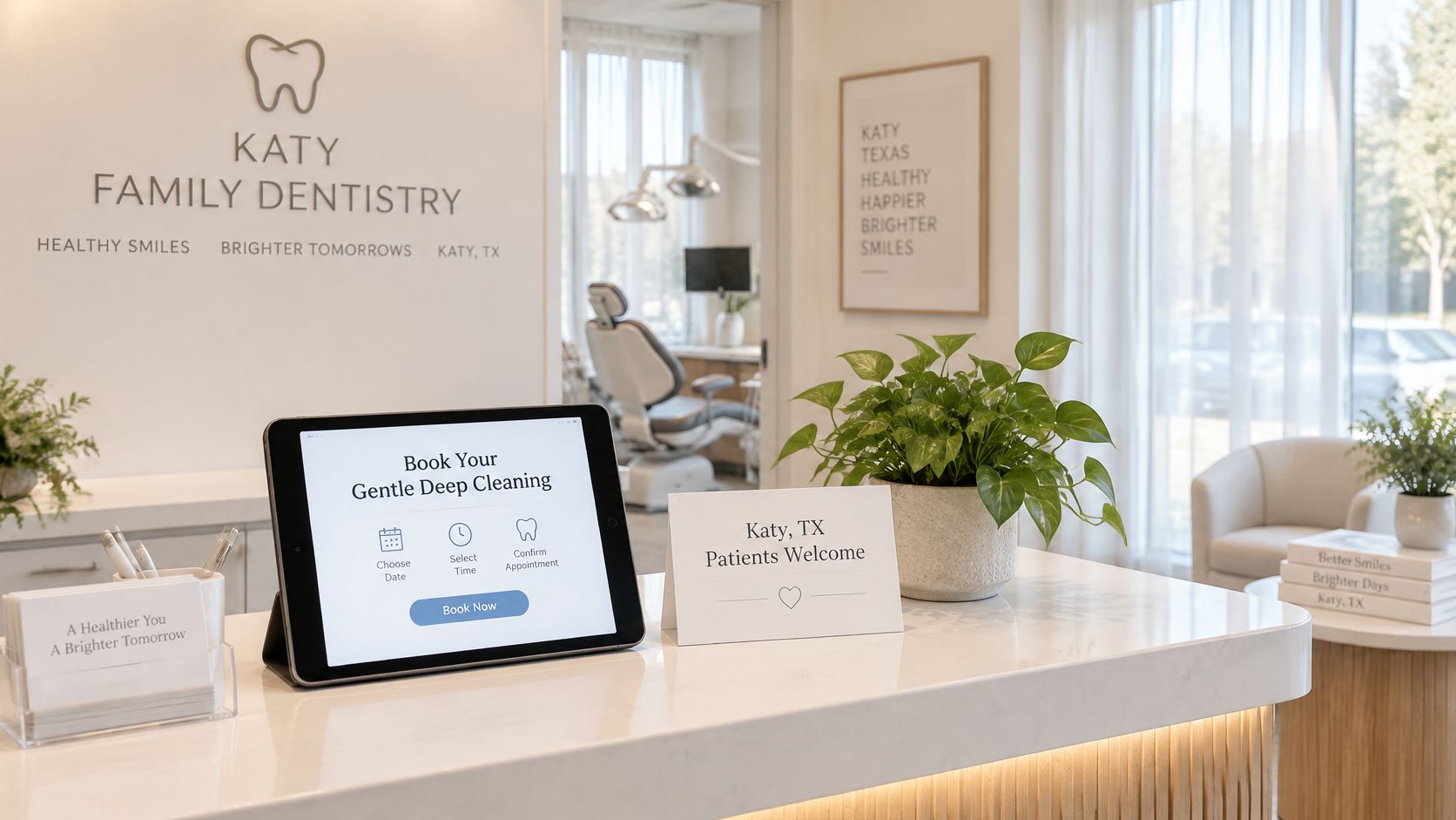 A clean, modern reception desk at Katy Family Dentistry featuring a tablet for booking dental appointments.
