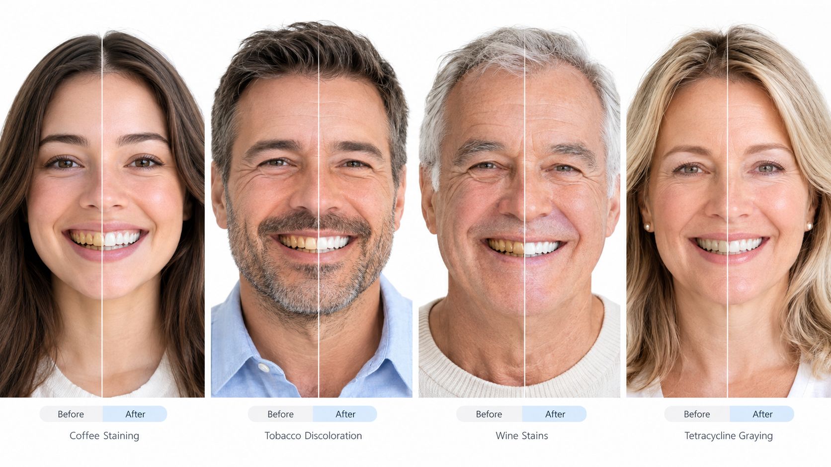 A comparison showing the effective results of professional teeth whitening on four different types of tooth discoloration.
