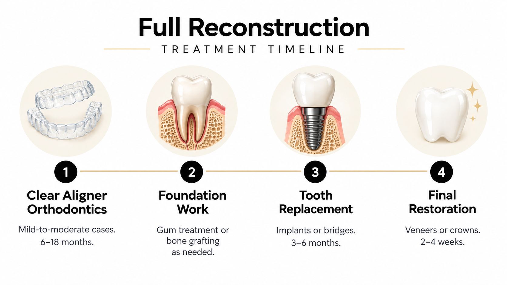 A dental timeline infographic showing four stages of a full mouth reconstruction including aligners, foundation, implants, and restorations.