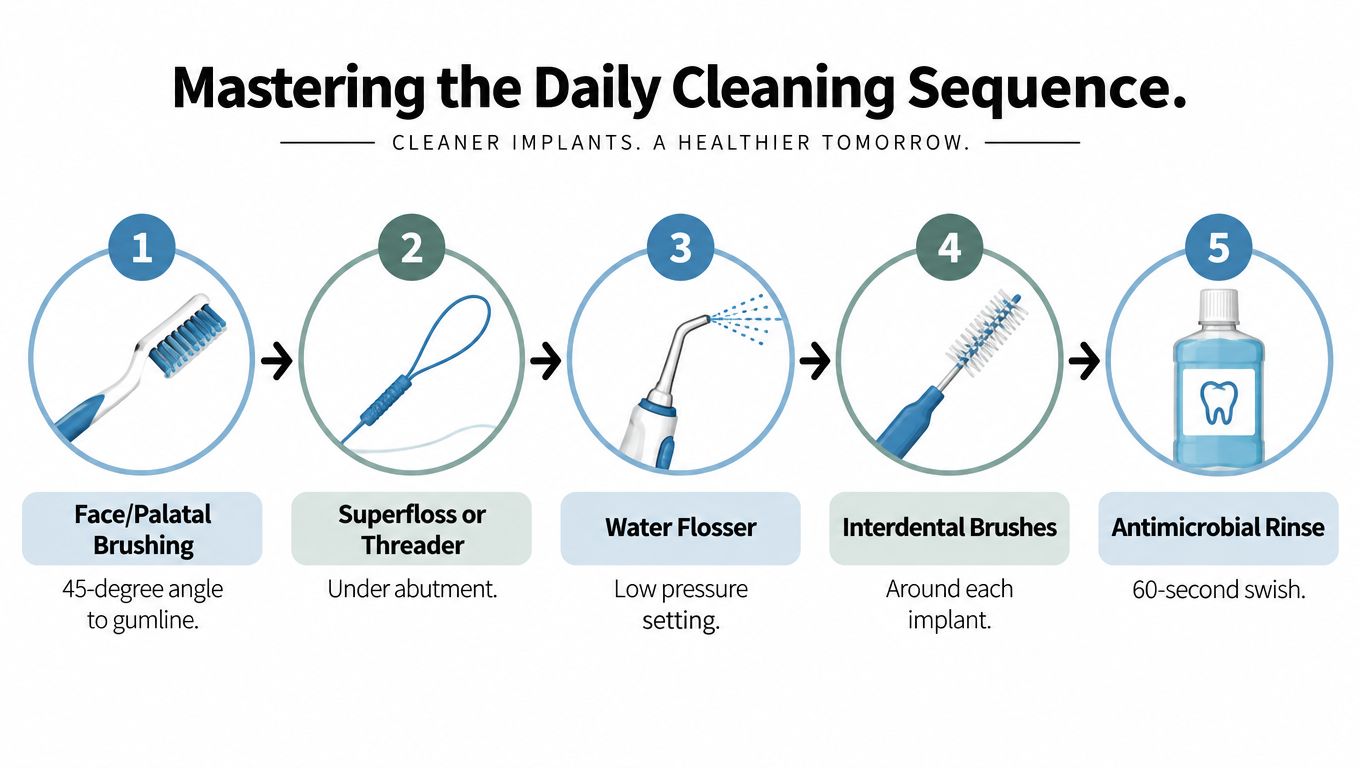 A step-by-step infographic illustrating the daily cleaning routine for dental implants using brushes and rinses.