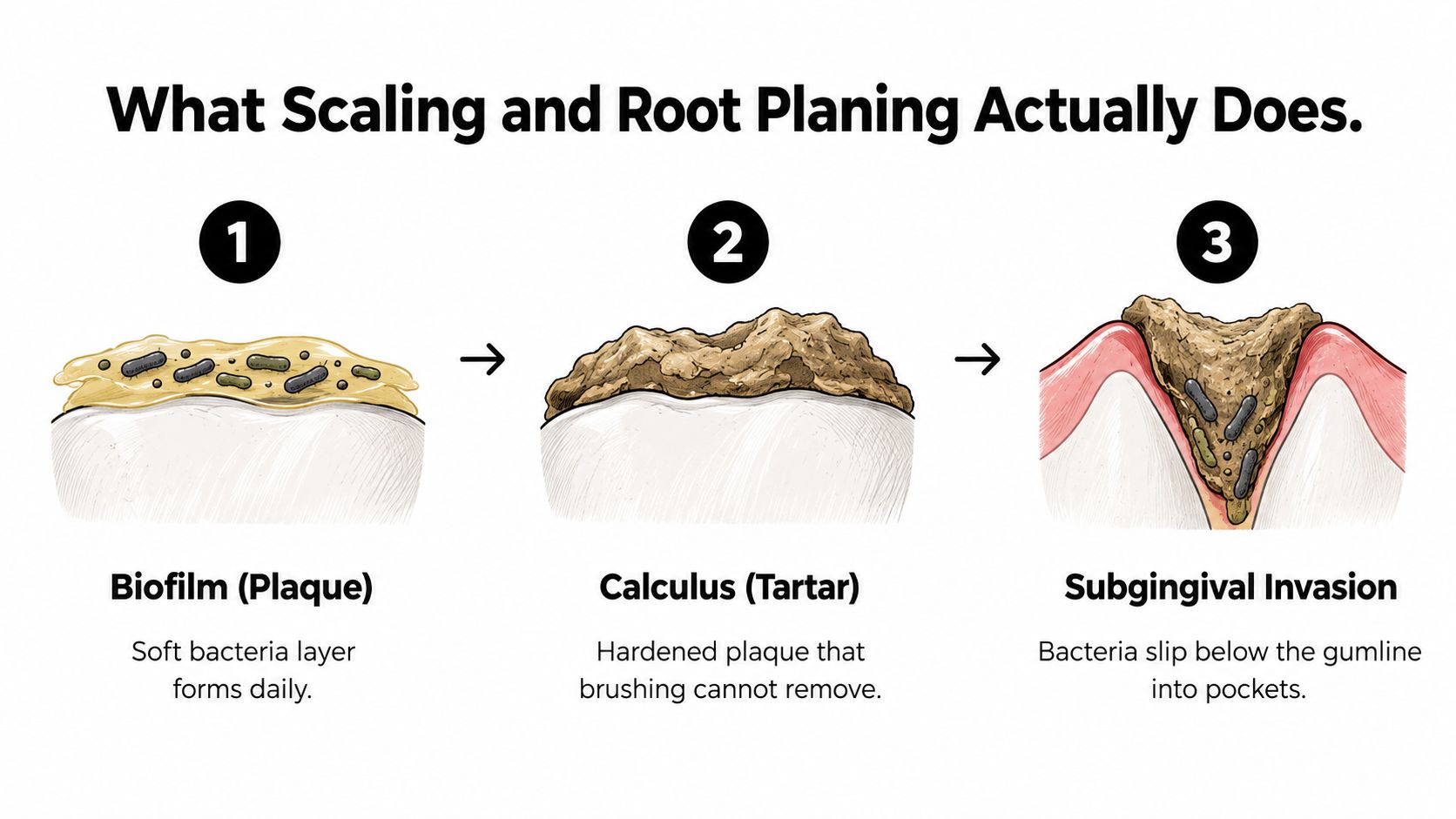 A dental diagram showing the progression from soft bacterial biofilm to hardened calculus and subgingival gum infection.