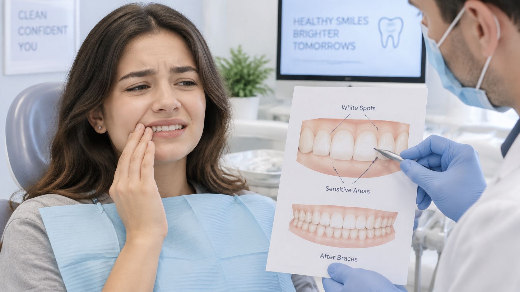 A patient with tooth pain looking at a diagram showing white spots and sensitive areas after braces.
