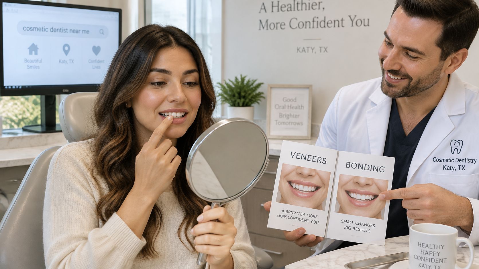 A cosmetic dentist explaining the difference between dental veneers and bonding to a smiling female patient.